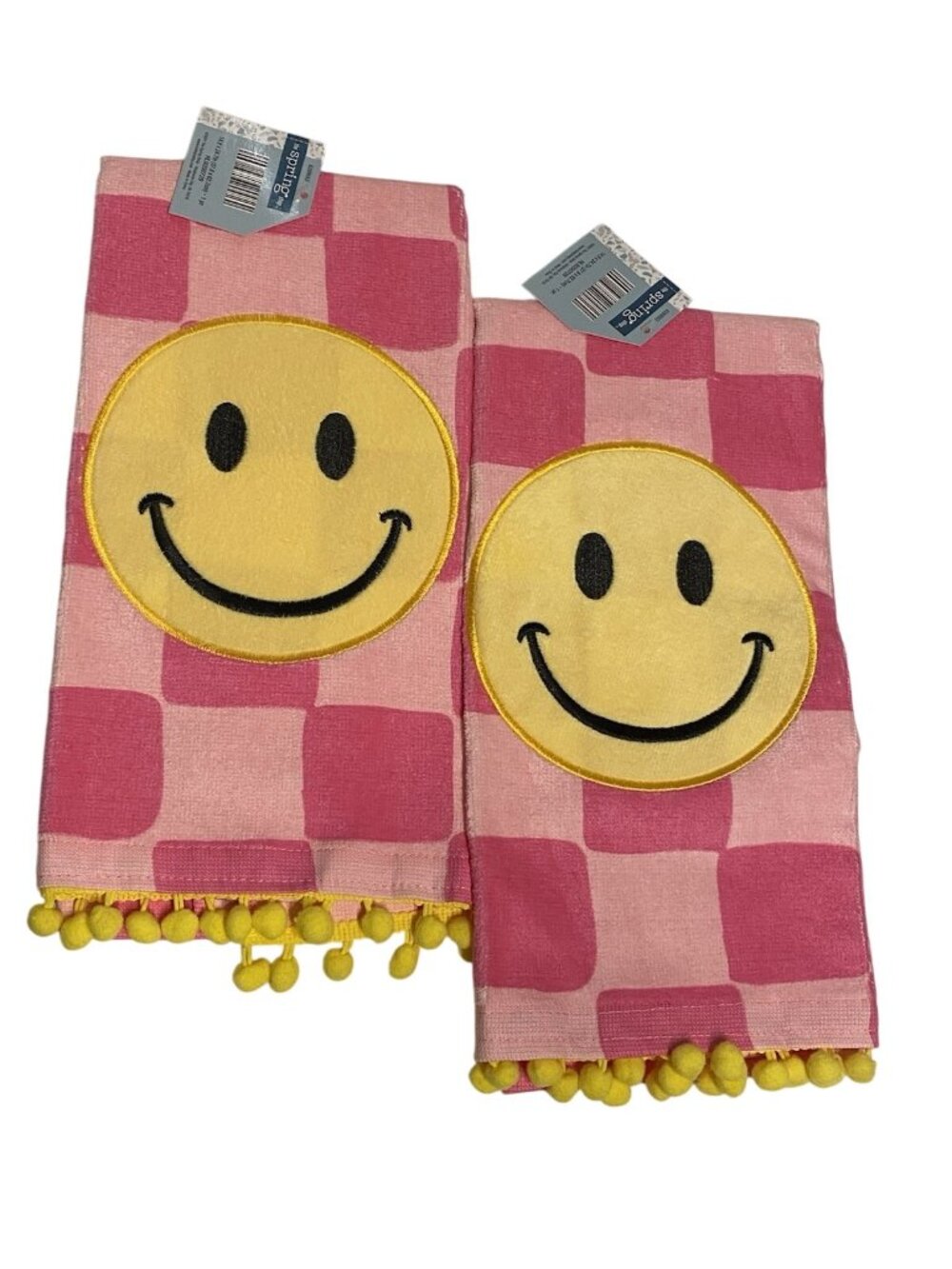 LOT of 2 Kitchen Dish or Bathroom Hand Towels Bath Set Pink Smiley Face PomPoms